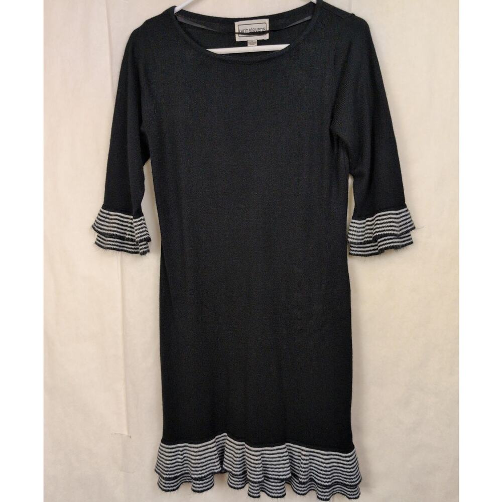 Vintage Karin Stevens black striped ruffled knit dress Size Small Preppy Retro